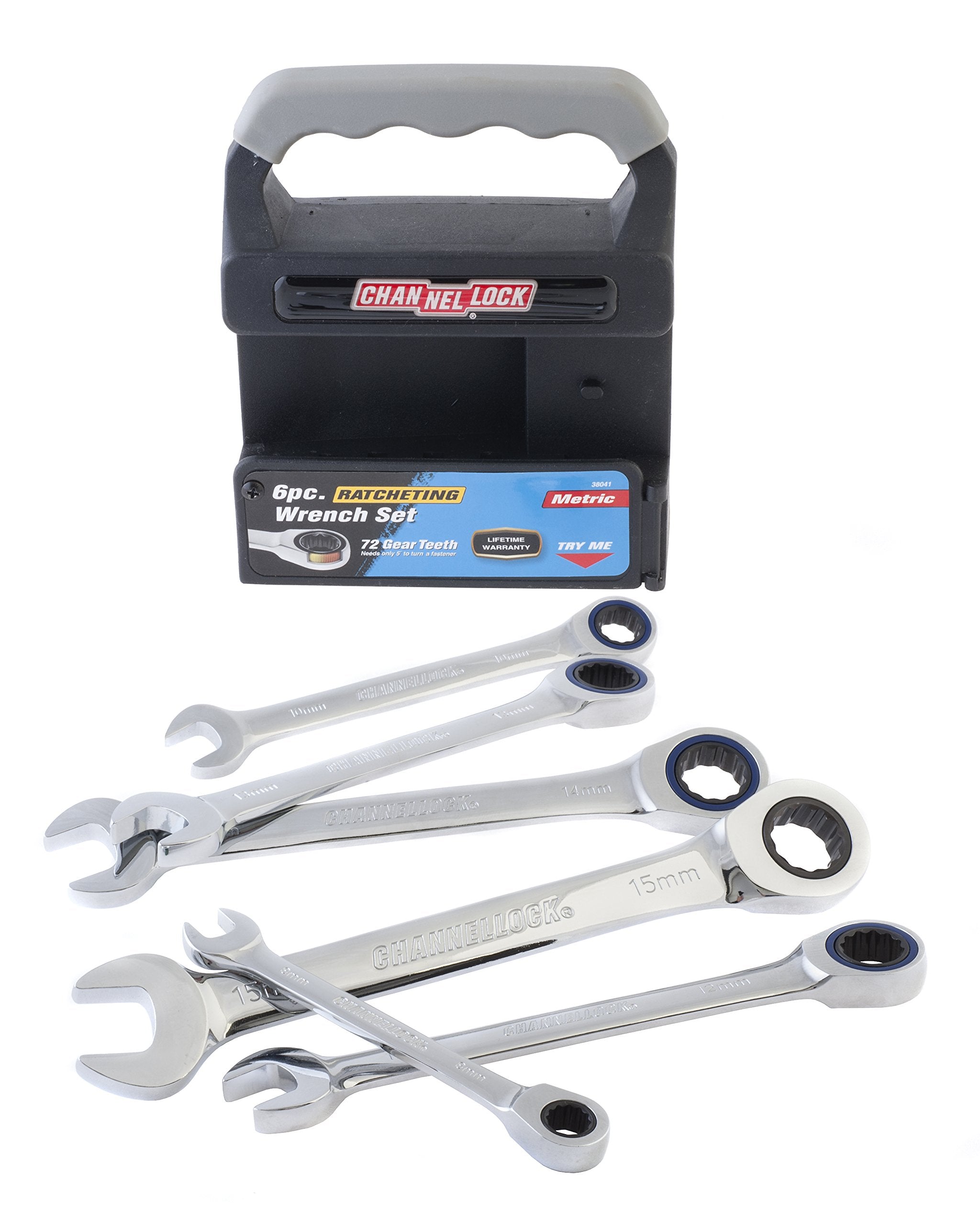 Channellock 38041 Ratcheting Wrench Set Metric On Rack, 6-Piece, Silver